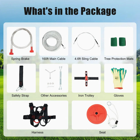 160Ft Backyard Zipline Kit With Safety Harness And Spring Brake Tree Protection Complete Accessories Set Easy Setup Up To 330 Lbs Capacity For Safe Outdoor Fun For The Whole Fam And Durable Galvanized Cable package contents