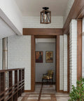 Rustic Farmhouse Flush Mount Ceiling Light with metal frame and wood grain finish in an industrial square cage design in hallway