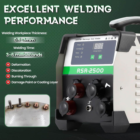 Capacitor Discharge Stud Welder For M3 To M10 Bolts Plate Welding Machine For Insulation Nails And Thin Sheet Metal Welds 0.5mm To 3mm Without Warping Or Paint Damage Fast 3 To 6 Ms Weld Time Heavy Duty 110V RSR 2500 with control knobs and display screen.