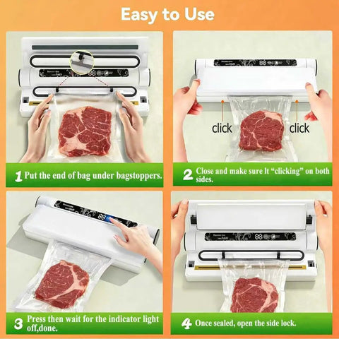 Powerful 75KPa Vacuum Sealer Machine with dry and wet modes, sealing steak in vacuum bags with a digital timer and LED indicator