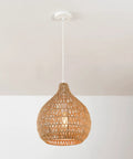 Japandi Inspired Tika 1-Light Pendant With Natural Blonde Twine Shade And White Cloth Cord Rustic Chic Ceiling Light For Dining Rooms And Kitchens Perfect For Dining Tables Entryways Or Cozy Corners Includes Easy Install Hardware And Dope Japandi Vibe. Hanging on ceiling.