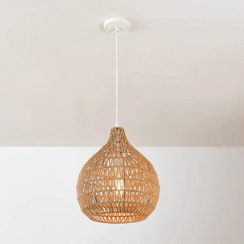 Japandi Inspired Tika 1-Light Pendant With Natural Blonde Twine Shade And White Cloth Cord Rustic Chic Ceiling Light For Dining Rooms And Kitchens Perfect For Dining Tables Entryways Or Cozy Corners Includes Easy Install Hardware And Dope Japandi Vibe. Hanging on ceiling.