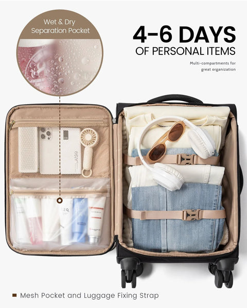 Open view of Airline Approved 22x14x9 Carry On Luggage With Spinner Wheels LOVEVOOK showing interior compartments and packing organization.