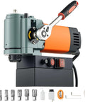 VEVOR low-profile magnetic drill press side view with orange motor housing and black base