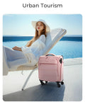Underseat Carry On Luggage With Wheels Lightweight Soft Travel Bag With PVC Wet Dry Pockets beside woman by pool