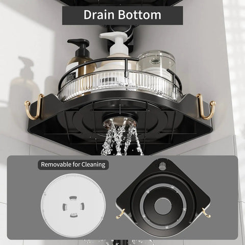 No Sweat Setup 360 Degree Rotating Shower Caddy Tension Pole With Four Tier Rustproof Corner Shelf Adjustable No Drill Bathroom Organizer Rack To Keep Your Daily Toiletries Rock Solid And Clean Black showing removable drain bottom.