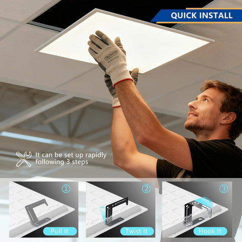 Installation of 2x2 Backlit LED Panel Light With Boss Level Bright Output, anti-glare lens, for office drop ceiling