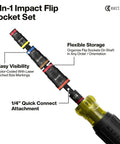 7-In-1 impact flip socket set from KNECT 23 Piece SAE Pass Through And Flip Socket Tool Set with storage and size markings shown.