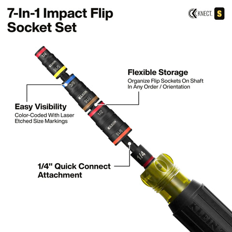 7-In-1 impact flip socket set from KNECT 23 Piece SAE Pass Through And Flip Socket Tool Set with storage and size markings shown.