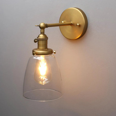 Industrial Vintage Sconce With Oval Cone Clear Glass Shade 1 Light Wall Light In Antique Gold Finish mounted on wall