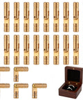 Hidden Brass Barrel Hinges Set, 25 Pieces, 20x4mm Invisible Concealed Cylinder Hinges With 135 Degree Opening For DIYers And Makers Working On Jewelry Boxes Cabinets And Small Woodworking Projects Ptwola, showing hinges and a jewelry box.