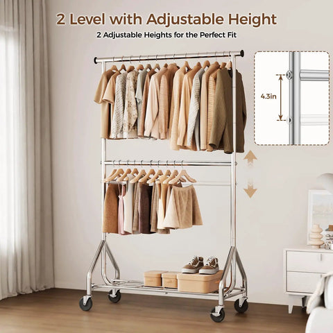 Kickass Durability Double Rod Clothes Rack, Rolling Garment Stand With Zero Hassle Setup, Heavy Duty Freestanding Closet Organizer For Bedroom Or Laundry, Space Savvy Two Tier Build In Sleek Silver