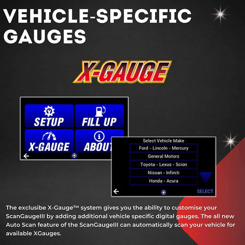 All New Touch Screen OBD2 Code Reader With Digital Gauges And Trip Computer displaying X-Gauge vehicle options on screen.