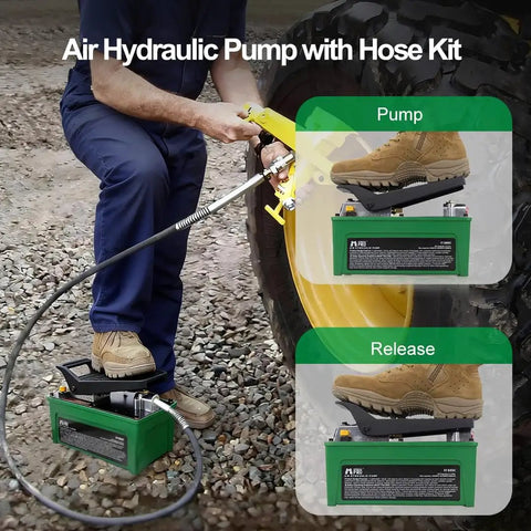 Technician using 10,000 Psi Air Hydraulic Pump with foot pedal and 6.6 ft hose on auto body machine beside large tractor wheel.