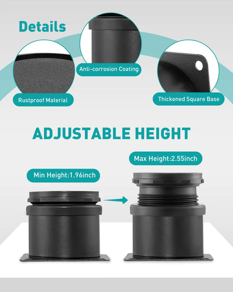 Adjustable Eight Pack 2 Inch Stainless Steel Furniture Legs Black Finish with details on rustproof material and base thickness.