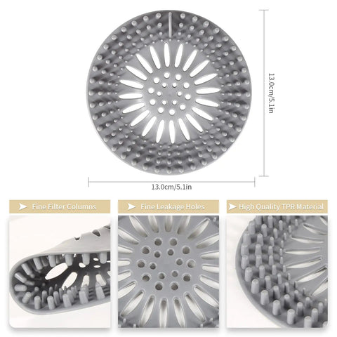 Durable Silicone Hair Catcher Inside Drain Protector For Bathroom Bathtub And Kitchen Easy To Install And Clean No Fuss Shower Drain Cover Reusable Hair Filter Keeps Drains Clear 4 Pack, gray silicone with filter columns and drainage holes, 13cm size