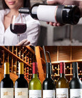 Person pouring red wine next to various wine bottles in a cellar display, includes Gold Red Black caps for Wine Bottle Corks And Seals Kit