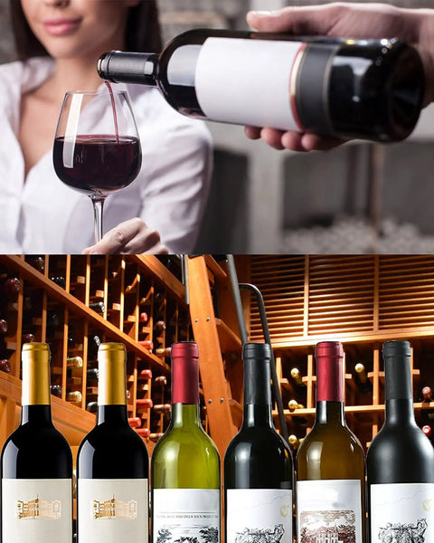 Person pouring red wine next to various wine bottles in a cellar display, includes Gold Red Black caps for Wine Bottle Corks And Seals Kit