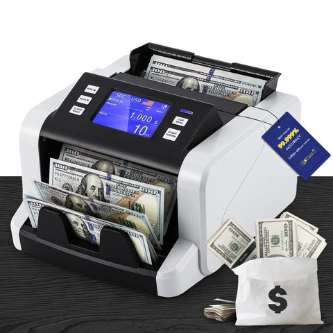 Mixed Denomination Money Counter With Touchscreen Display And Fast Counting Up To 1500 Bills Per Minute, showing cash and screen
