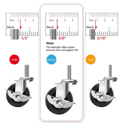 Beefy 2 Inch Swivel Casters Set Of Four With Mirror Finish Chrome Plating And 3/8 Inch 35mm Threaded Stem Quiet Locking Wheels For Trolleys Carts And Industrial Racks In Gray size comparison chart.