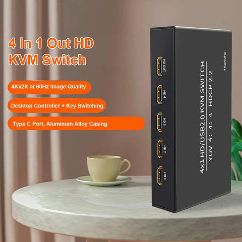 Hassle Free 4 Port KVM Switch With 4K 60Hz Video Sharing And Dual Computer Control shown on a desk with Type C port, aluminum alloy casing.