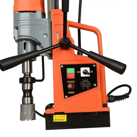 Magnetic Drill Press With Variable Speed and Forward Reverse Tapping Core Drilling Tool for Industrial and Home Improvement showing motor and controls.
