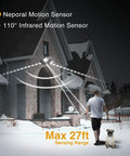 Super Bright Outdoor Motion Sensor Security Light with max 27ft sensing range illuminating snowy house entrance at night