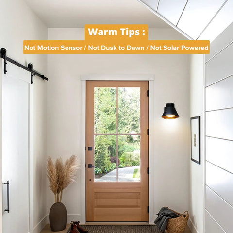 Interior view of door with Two Pack Black LED Outdoor Wall Lights for Porch and Patio, Weatherproof Exterior Sconces visible outside.