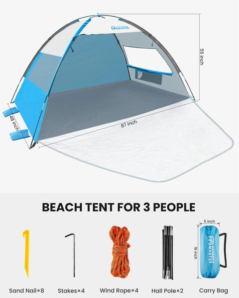 Beach Tent Sun Shelter For Three With Two Ventilated Doors UPF50+ Easy Setup Canopy and accessories on display
