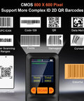 Pocket Sized Bluetooth Barcode Scanner That Reads 2D And 1D Barcodes With LCD Display And AI Voice Setting Keypad Wireless Handheld Reader For Smartphones Computers And POS No Fuss Plug And Play showing barcode scanning capabilities and LCD screen.