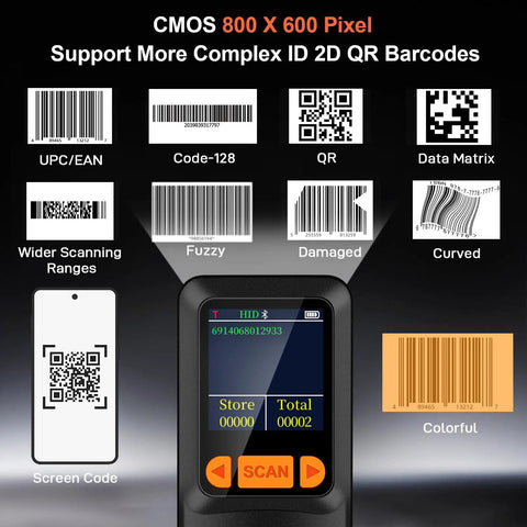 Pocket Sized Bluetooth Barcode Scanner That Reads 2D And 1D Barcodes With LCD Display And AI Voice Setting Keypad Wireless Handheld Reader For Smartphones Computers And POS No Fuss Plug And Play showing barcode scanning capabilities and LCD screen.