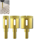 Heavy Duty Three Piece Diamond Drill Bit Hole Saw Kit for ceramic tile, granite, marble, and glass bottles, sizes 2/5 to 4/5 inches.