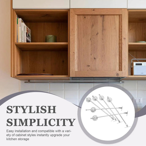 Beefy Heavy Duty Cabinet Door Support Rods Set for Kitchen Cabinets, showing iron drop down lift hinges with quiet close