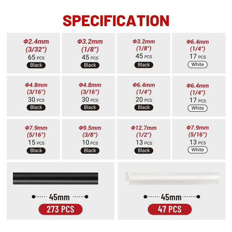 Adhesive-Lined Heat Shrink Tubing Kit Marine Grade 320 Pieces size chart black and white dual color heavy duty cable wrap