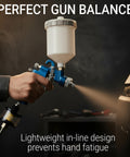 Person using Quarter Inch Inline Air Filter And Water Separator for HVLP Spray Guns, ensuring lightweight balance in spray painting.