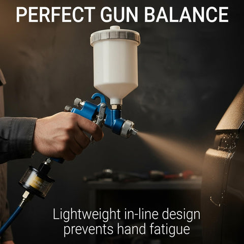 Person using Quarter Inch Inline Air Filter And Water Separator for HVLP Spray Guns, ensuring lightweight balance in spray painting.