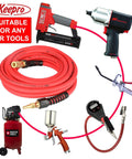Heavy-Duty Hybrid Air Compressor Hose, Built Like A Tank With Hella Flexible Kink-Free Design, 1/4 Inch Id By 25 Feet Includes Solid Brass Quick Connect Couplers, 300 Psi Rated Red connecting various air tools.