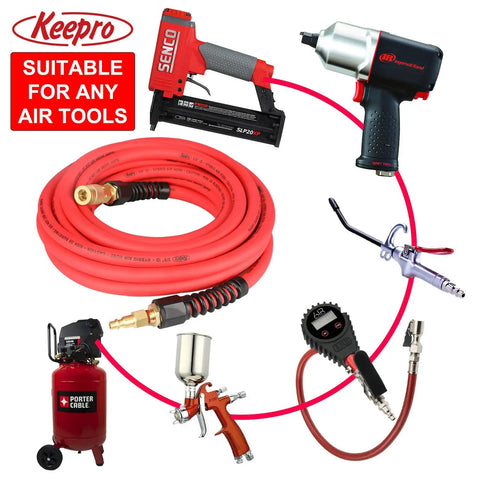 Heavy-Duty Hybrid Air Compressor Hose, Built Like A Tank With Hella Flexible Kink-Free Design, 1/4 Inch Id By 25 Feet Includes Solid Brass Quick Connect Couplers, 300 Psi Rated Red connecting various air tools.