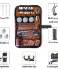 Open All In One Golf Accessories Kit For Men And Women With Rangefinder And Multifunction Tools, displaying contents in brown case.