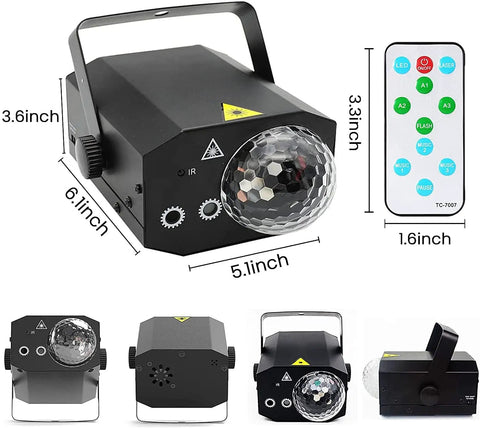 Disco Ball Stage Lights With Remote Control 2 In 1 Strobe Laser RGB Color Effect, showing dimensions and remote layout