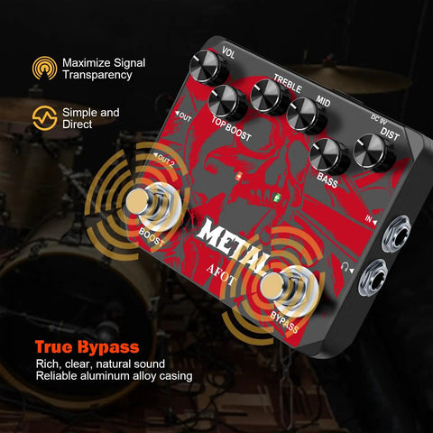 Beefy Metal Distortion Guitar Pedal With True Bypass High Gain Clarity Muff Top Boost Earphone Output for Metalheads displayed