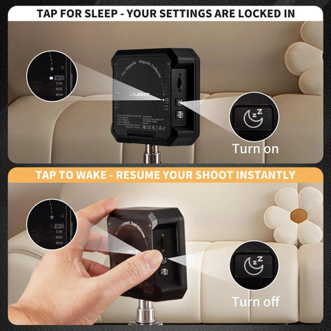 Back view of Magnetic LED Video Light showing sleep mode indicator and tap to wake function, held against a soft background.