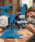 Heavy Duty All Steel Belt Sander And Polisher With Vertical Or Horizontal Swap And Serious 1100 Watt Motor shown in use on wood.