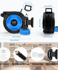Retractable 3/8 Inch By 100 Foot Hybrid Air Hose Reel With 6.5 Foot Lead-In, Auto Lock And Release System, shown front and side