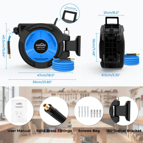 Retractable 3/8 Inch By 100 Foot Hybrid Air Hose Reel With 6.5 Foot Lead-In, Auto Lock And Release System, shown front and side