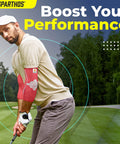 Golfer wearing Large Flamingo Pink elbow compression sleeve for pain relief and support, boosts blood flow, breathable elastic blend.