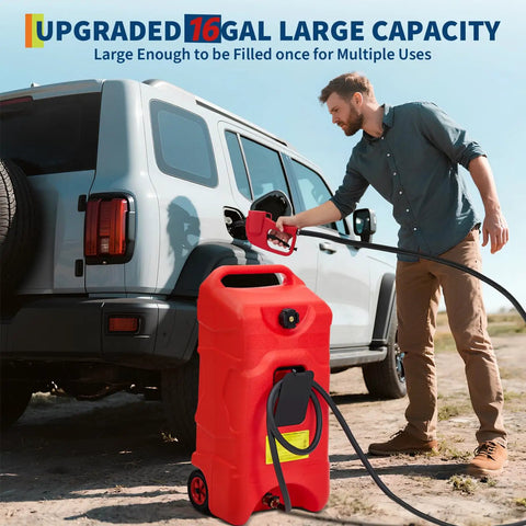 Upgraded 16 Gallon Gas Tank Caddy With Heavy Duty HDPE Construction Manual Transfer Pump 10 Foot Hose Portable Gas Can On Casters Leak Proof Fuel Reservoir For Lawn Mowers Tractors Boats And Snow Blowers being used to refuel a vehicle outdoors