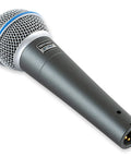 BT 58A Wired Dynamic Vocal Microphone for singing, handheld XLR mic with metal body, side view.