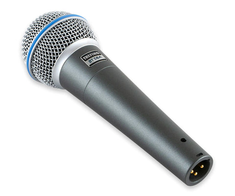 BT 58A Wired Dynamic Vocal Microphone for singing, handheld XLR mic with metal body, side view.