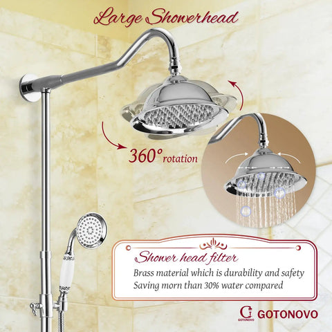 Exposed Shower System Set In Polished Chrome With 8 Inch Rain Shower Head showing 360-degree rotation and water flow feature